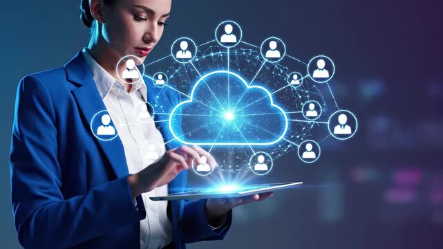 Businesswoman interacting with cloud computing and global network of users on digital tablet, 4k high quality video