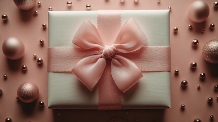 Elegant Gift Box with Pink Ribbon and Decorative Ornaments.