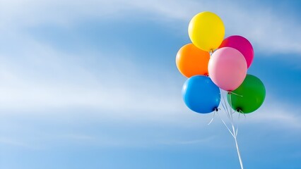 Colorful balloons on blue sky on white background