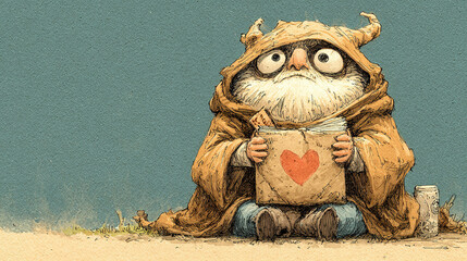 A whimsical character in a hooded cloak reading a love letter.