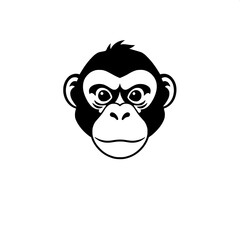 Obraz premium Minimalist black-and-white monkey face icon, perfectly symmetrical and directly front-facing, with bold and thick outlines, solid black facial features, and a smooth white background, designed as a br