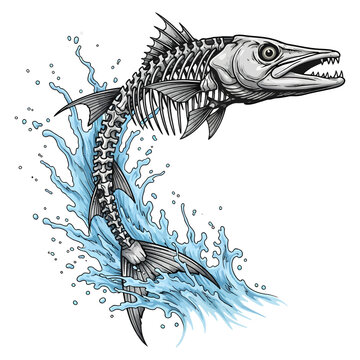 Barracuda fish skeleton jumping out of water splash vector illustration