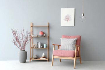 A cozy armchair complements a stylish wooden rack.