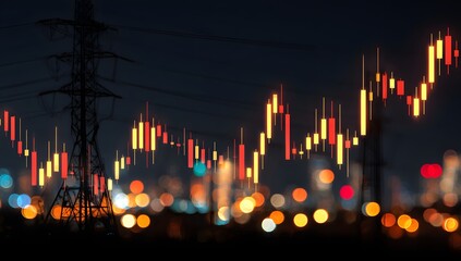 Abstract representation of financial market trends and economic fluctuations depicted by a glowing stock chart against a dark urban nightscape with blurred city lights and industrial structures