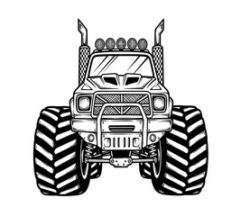Detailed black and white illustration of a powerful monster truck with large tires and prominent lighting © arfanah02