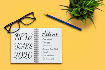 2026 Happy New Year Resolution Goal List and Plans Setting - Business office desk with notebook...