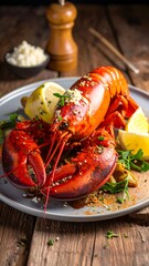 A vibrant cooked lobster dish with lemon wedges and greens