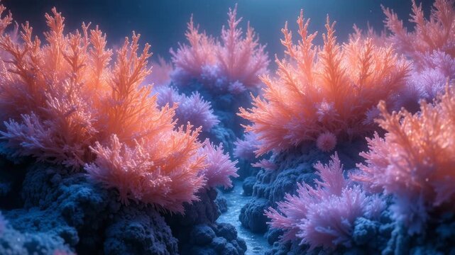 Colorful coral reef at night underwater with fish glowing like fireworks in the blue sea celebrating a festive ocean scene