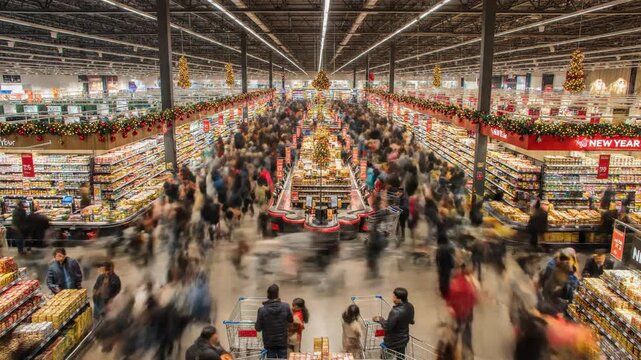 Immerse yourself in the dynamic energy of a packed supermarket during holiday shopping, capturing the vibrant blur of consumers navigating aisles