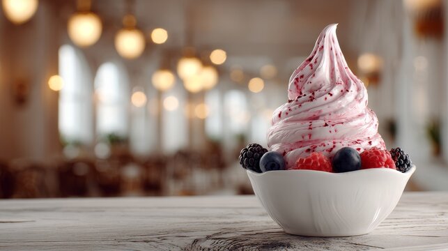 frozen yogurt in a gourmet setting, blurred background 