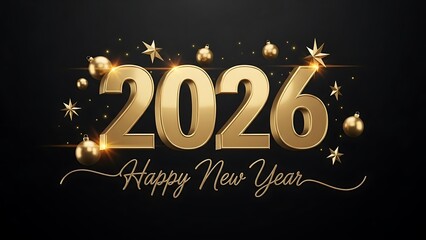 Golden Happy New Year 2026 with shiny stars and ornaments