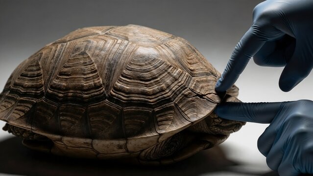 Hand gently touching turtle shell during close-up examination  