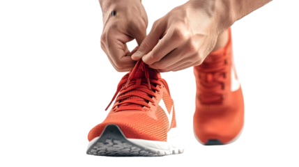 Close up of athlete hands tying bright orange running shoe laces preparing for intense athletic training or competition on transparent background