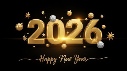 Golden 2026 Happy New Year celebration with shiny ornaments and stars