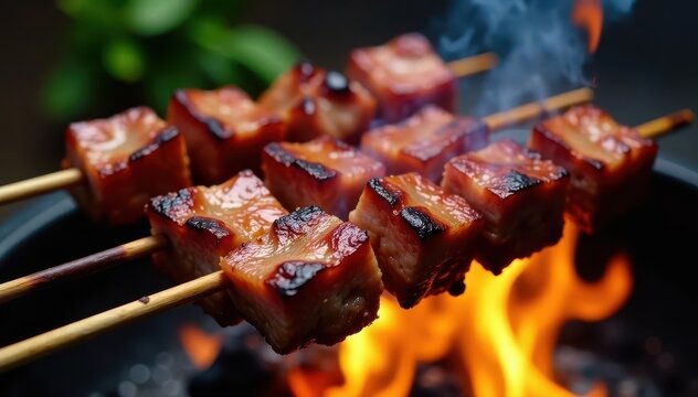 Charred beef cubes, sizzling on skewers over open flames , barbecue, grilled, grillmaster