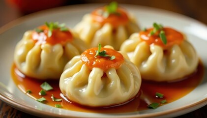 Close-up of succulent dumplings, glistening sauce , eat, comfort food, asian