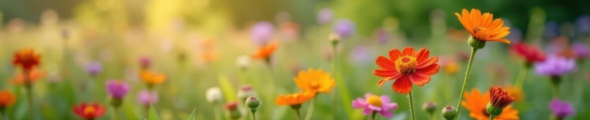 Close-up view of diverse wildflowers, soft focus background, pollen, environment
