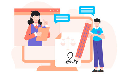 Online Notary Public Witnessing a Signature. Business Flat Vector Illustration