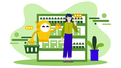 Smart Grocery Store with Inventory Robots. Business Flat Vector Illustration