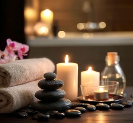 Soft candlelight adds a calming ambiance to the spa environment.