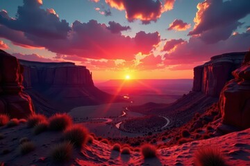 Crimson sunset casts long shadows across desert canyon, artwork, scenic, sky