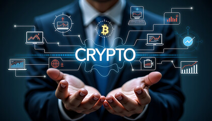 Hands Holding Digital Crypto Network Interface with Glowing Icons