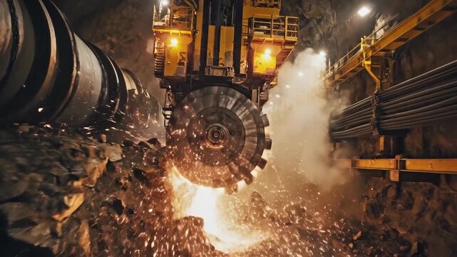 Heavy tunnel boring machine cutting rock generating sparks