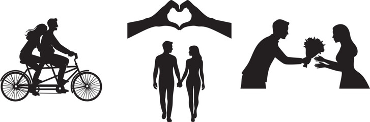 Timeless Romance: Tandem Bicycle Date and Heartfelt Couple Moments Silhouette Set