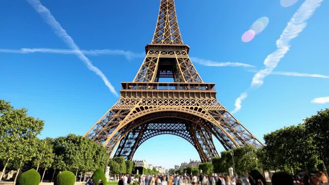 Eiffel tower in paris with tourists walking on a sunny day, 4k high quality video