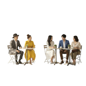 Group of people sitting at tables in casual clothing isolated on transparent background