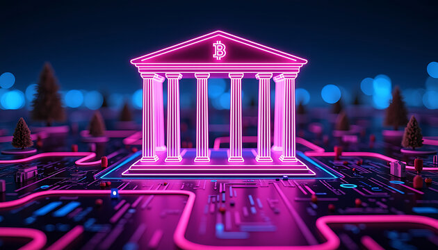 Neon Bitcoin Bank Icon on Circuit Board Representing Crypto Banking