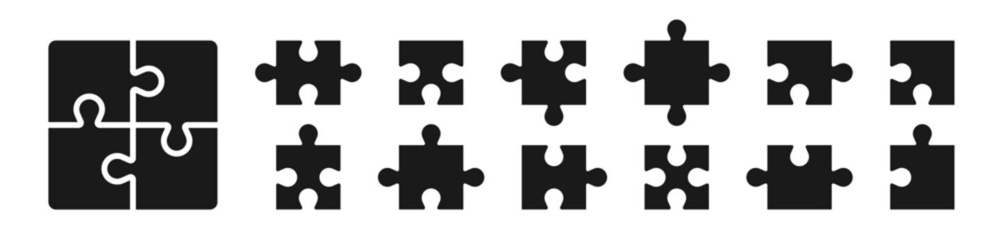 Puzzle pieces icon set. Puzzle jigsaw icons on white background - stock vector.