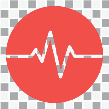 A red circle features a white heartbeat line against a checkered background