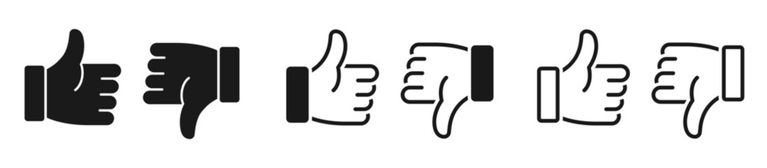 Thumbs up and thumbs down icon set. Like, dislike, OK, yes, no, positive, negative, approval, disapproval. Finger up and down symbol on white background - stock vector.