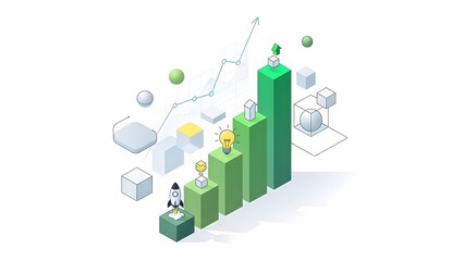 Isometric illustration of business growth with people on green bar charts and graphs