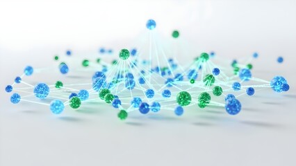 Network connections concept with blue and green nodes on white background representing data exchange and communication