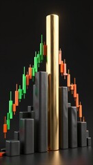 Obraz premium Golden candlestick chart rises above dark bars, symbolizing financial growth and success.