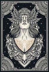 Mystical Woman with Winged Eyes and Third Eye in Ornate Frame Vintage Engraving Vector