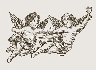 Two Flying Cherubs with Goblet in Vintage Engraving Style Vector Illustration