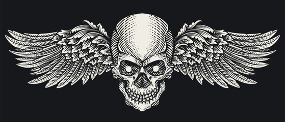 Vintage Engraving Style Winged Human Skull Vector Illustration