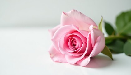 Delicate pink rose, gently resting, pure white setting, floral, bloom