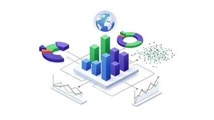 Infographic with 3D bar chart, graphs, and earth globe on white background for business analytics and statistics