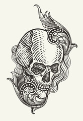 Vintage Engraving Style Human Skull with Ornate Filigree and Scrollwork Vector Illustration