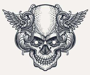 Winged Skull with Ornate Baroque Filigree Engraving Vector Illustration