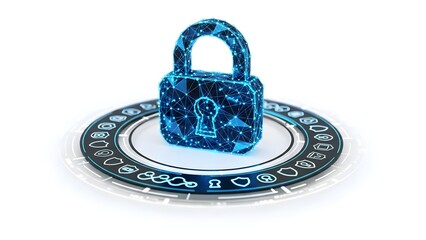 Digital security concept with a blue lock on a circular icon background