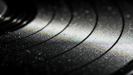 Close-up macro shot of a vinyl record with visible grooves and dust particles catching the light