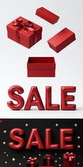 Red gift boxes float above "SALE SALE" balloons, festive holiday promotion scene.