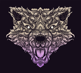 Ornate Wolf Head with Filigree Engraving Vector Illustration