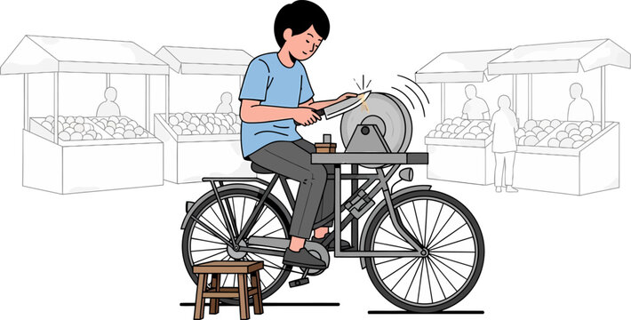 Man Sharpening Knife on Bicycle Grinder.