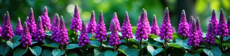Dense row of deep purple flowers, vibrant green leaves , lush foliage, summer blooms